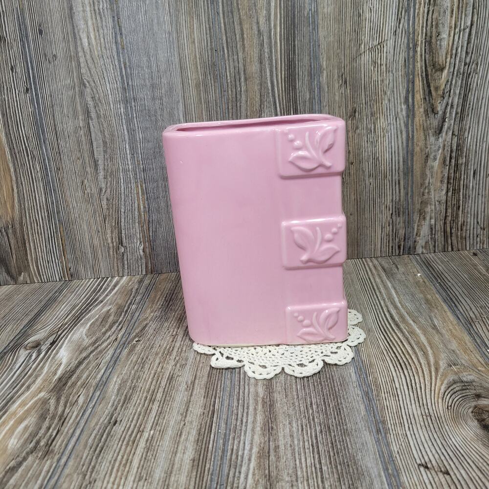 Vintage FPCO Pink Ceramic Vase 1950s MCM Rectangular Planter Leaf Sprig Pottery